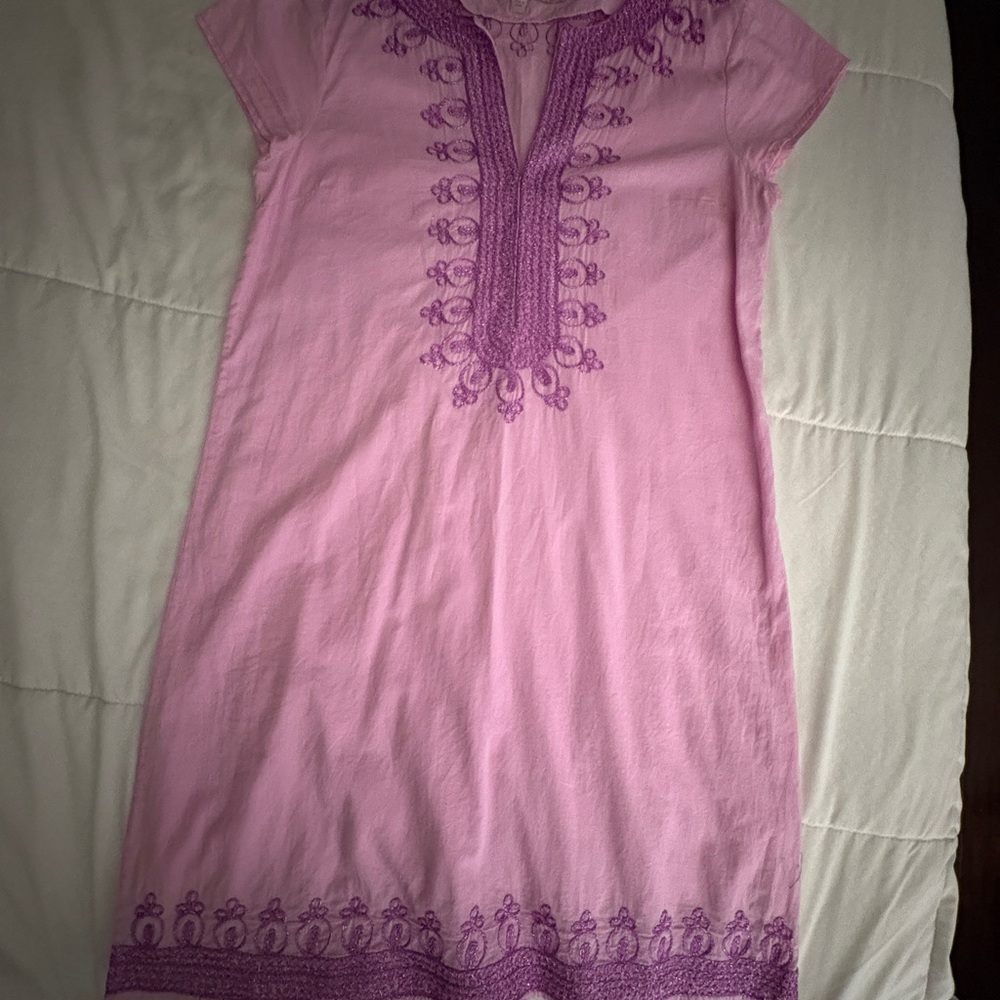 Calypso St. Barth Pink Midi Dress with Purple Embroidery
